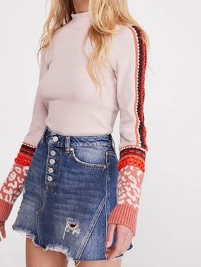 Free People Thermal Top With Crochet Sleeves and Animal Print Cuffs